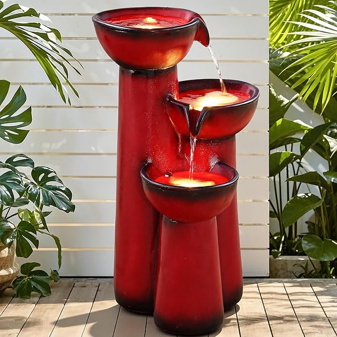 27" Outdoor Water Fountain with LED Lights, 3-Tier Cascading Faux Ceramic Column Water Feature with Pump for Garden Patio Backyard, Weather-Resistant Resin Waterfall for Serene Oasis, Red