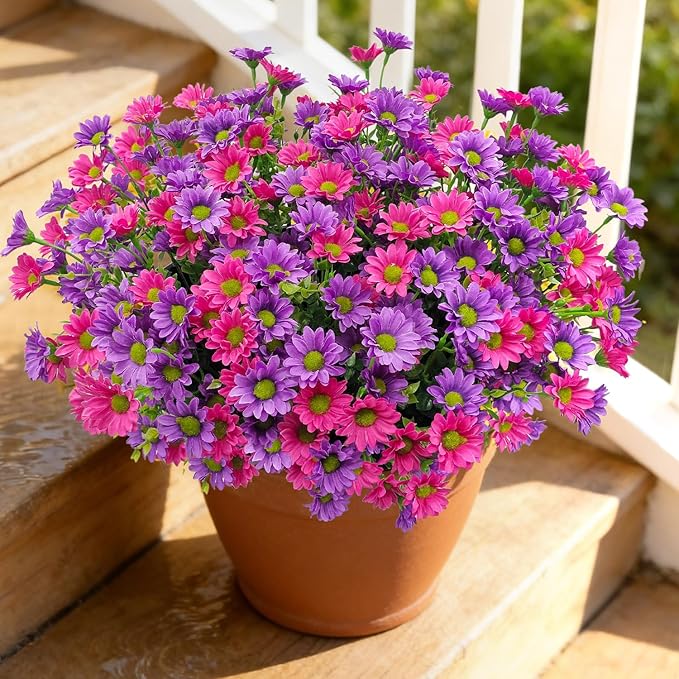 16 Bundles Silk Daisy Artificial Flowers for Outdoors UV Resistant Fake Daisies Plastic Plants Flower for Home Outside Front Door Porch Garden Patio Planters Decoration (Double Purple)
