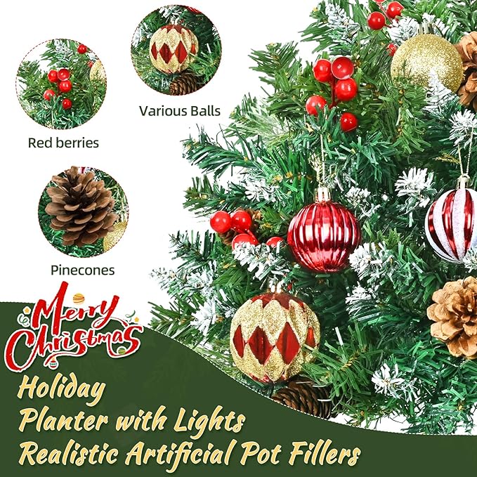 2 Pack 23" Outdoor Christmas Tree Urn Filler, Christmas Planter Filler with 50 LED Lights, Pine Cones, Christmas Balls & Red Berries, Tripod Stake for Outdoor Holiday Home Decorations