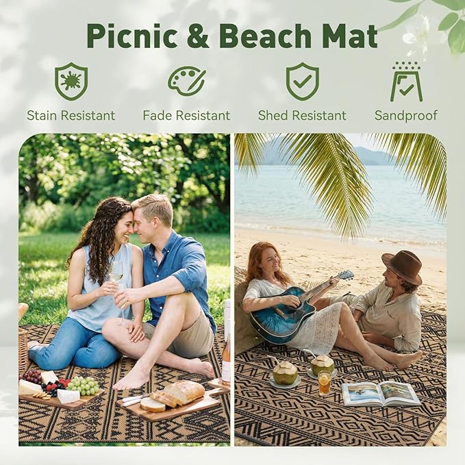 MontVoo Outdoor Rug 8x10 Waterproof Outdoor Patio Rug Mat Reverisble Plastic Straw Outdoor Rug for RV Camping Picnic Beach Balcony Boho Black Brown