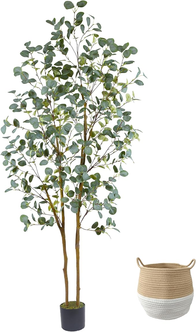 Artificial Eucalyptus Tree, 7ft Tall Silk Leaves Fake Plant with Basket for Outdoor Indoor, 83'' Faux Eucalyptus Trees for Home Office Livingroom Floor Décor