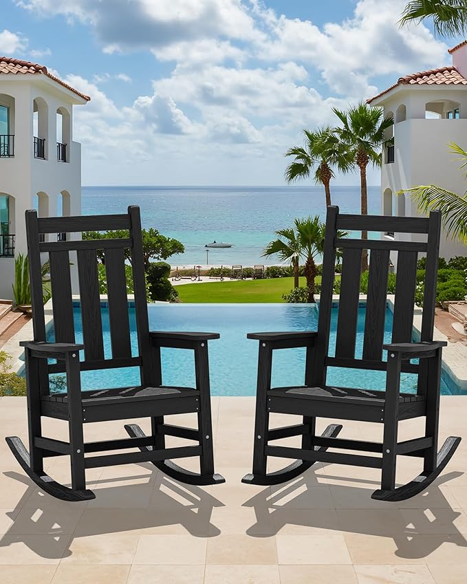 KINGYES Oversized Outdoor Rocking Chair Set of 6, All-Weather Patio Rocking Chairs for Porch, HDPE Outdoor Patio Rockers with High Back & Wide Seat for Garden, Lawn, Black