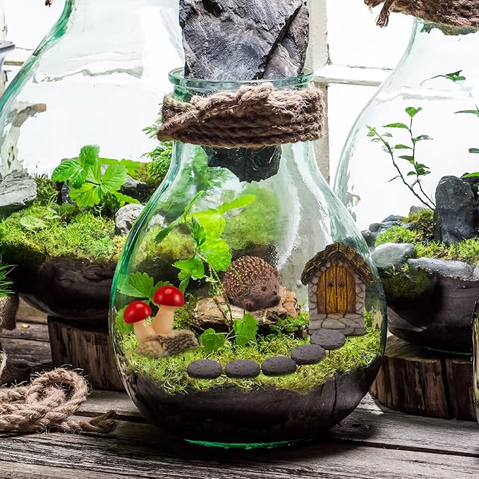 Bucherry 8 Pcs Fairy Garden Decor Including Tiny Circular Arch Door, Hedgehogs & Wood Mushroom Sculpture, Stone Path Road Fairy Wild Garden Supplies Terrarium Miniature DIY Accessories