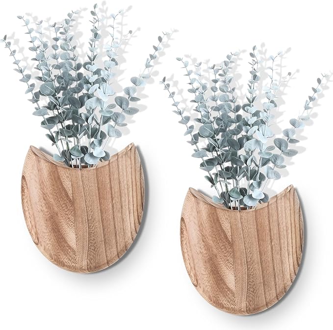 2 Pack Wood Wall Planters with Artificial Plants Farmhouse Boho Wall Decor Pocket Vases for Kitchen Office Living Room Entryway Hallway Bathroom Indoor Decoration(Natural Color)