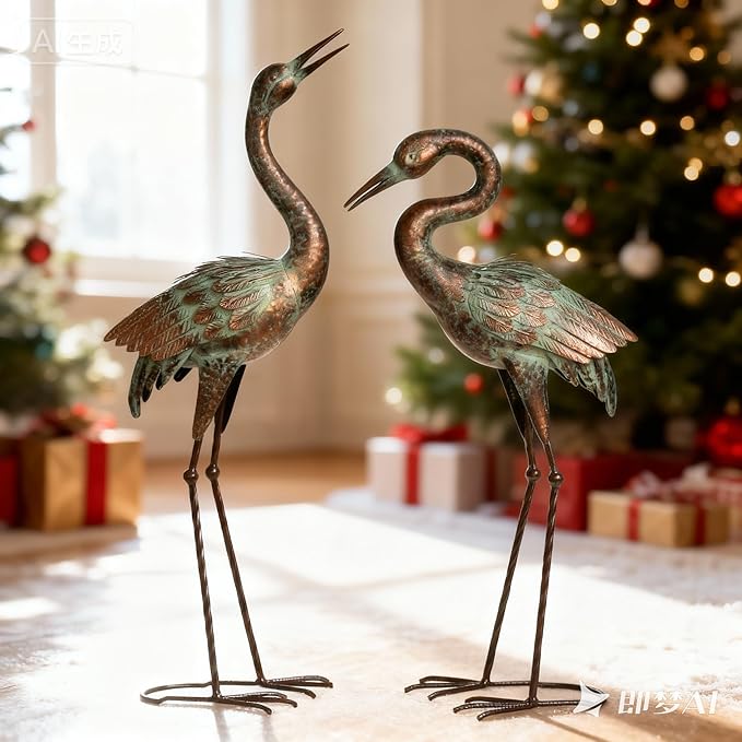 Shorayn Garden Crane Statues, Blue Heron Sculptures for Outdoor, Cranes Decor Metal Bird, Patina Garden Art Lawn Ornaments for Yard Patio Porch Outside Decorations