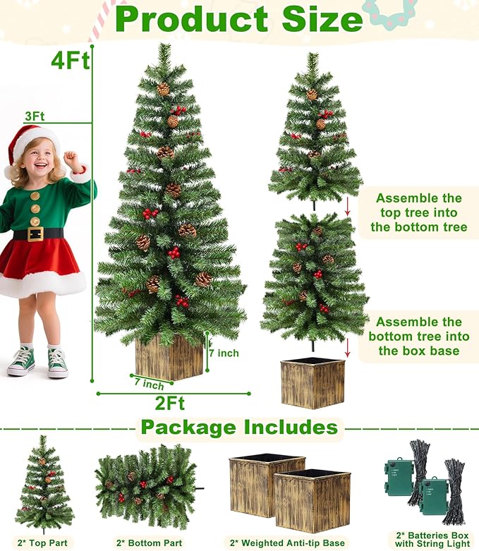 2 Pack 4 Ft Artificial Christmas Entrance Tree in Fake Wooden Box Base with 60 LEDs Warm White Light Timer Waterproof Battery Box Operated 140 Branches 14 Pinecone 12 Berries Xmas Decor for Door Porch