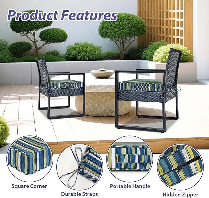 Outdoor Chair Cushions Set of 4,Waterproof Outdoor Seat Cushions for Patio Furniture,Patio Chair Cushion with Handle and Ties, Out Door Chair Pads,19" x 19" x 3", Blue Stripe