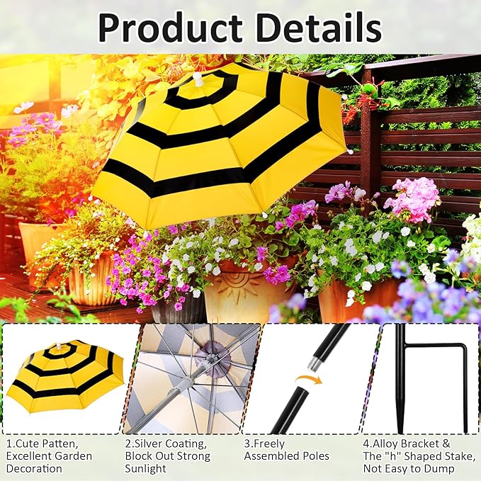 4 Pack Plant Umbrellas for Outdoor Plants, Upgraded Joints-enhanced Wind Resistance, Adjustable Height, Large Garden Umbrella Shade for Potted Plants Bed Flower Pot(Bee)