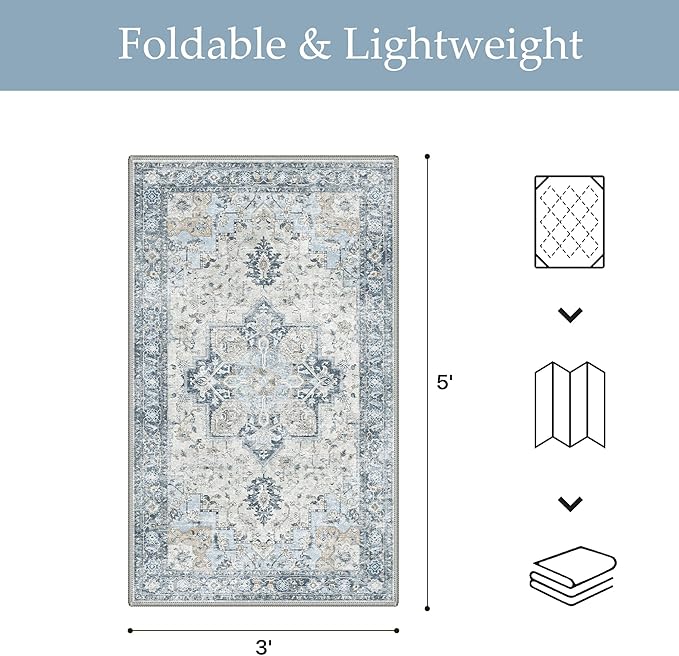 GENIMO Outdoor & Indoor Area Rug 3'x 5', Waterproof, Non-Shedding, Easy Cleaning, Boho Mat for Patio, Living Room, Balcony, Dining Room, RV, Deck, Bedroom, Camping, Outside Carpet,Blue