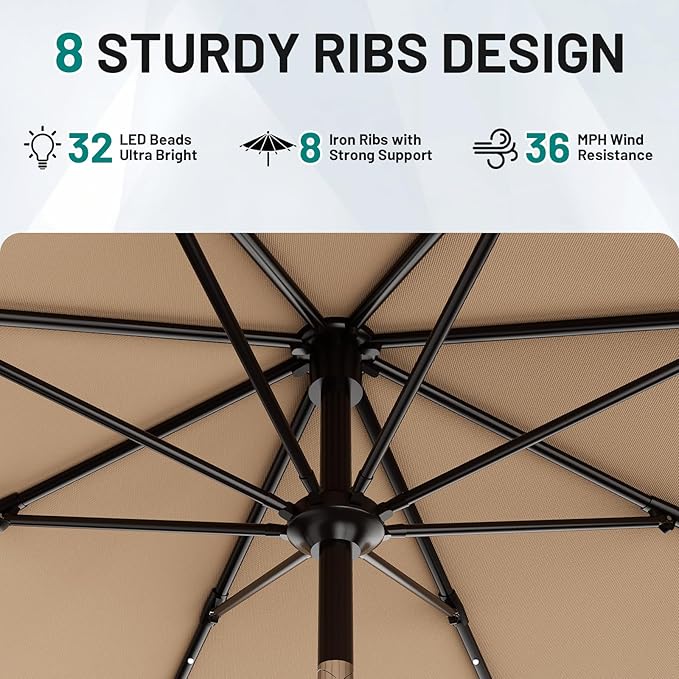 AreShark 9FT Patio Umbrella with Solar Lights, 32 LED Lighted Pool Umbrella w/Tilt and Crank, Outdoor Market Solar Umbrellas for Garden, Deck, Backyard, Pool and Beach, Beige