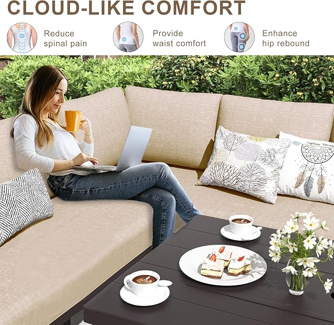 Patio Sectional Cushions, 14-Piece Replacement Cushions for Outdoor Furniture, Water-Resistant Outdoor Sofa Cushion for 6-Seat Rattan Wicker Sectional Conversation Sets (Khaki111)