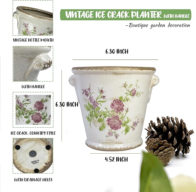 Vintage Ceramic Flower Pot with Drainage Holes and Handle,Ice Crack Country Rustic Planters for Indoor Outdoor,Tuscan Decor,Home and Garden Decor,Gardening Present