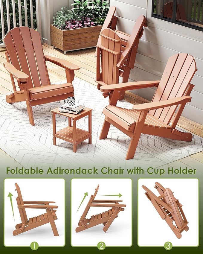 GREENVINES Folding-Adirondack-Chairs-Set-of-4 | HDPE Plastic | Fire Pit Chair | All Weather | Cup Holder | Teak | for Deck Backyard Patio Outdoor Garden