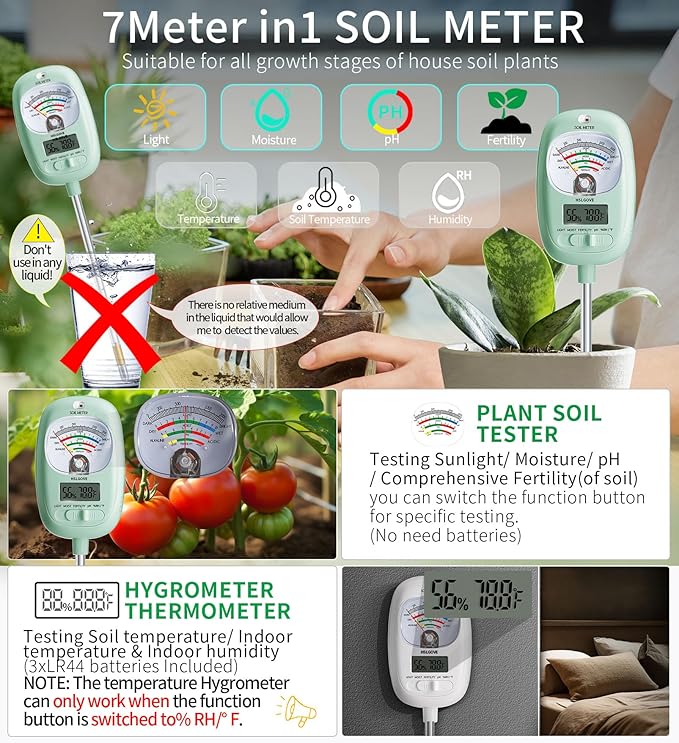 HSLGOVE Soil Test Kit, 7-in-One Soil Moisture Meter/Soil PH Meter/Fertility, Dual Screen Soil Tester w/Digital Soil Temp/Air Temp&Humidity for Plants Gardening,Lawn,Farm Indoor&Outdoor-Blue Green