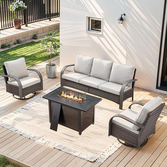 HUMMUH Patio Furniture Set with Fire Pit-Outdoor Swivel Glider Rocking Chair with Patio Sofa Outdoor Conversation Furniture for Deck Porch Garden Poolside Backyard-Brown/Beige