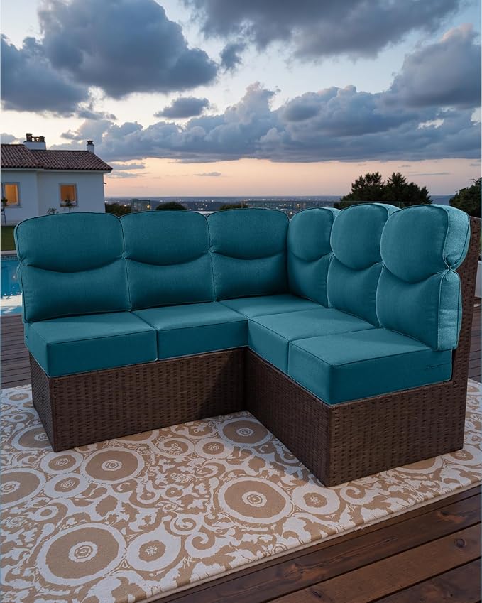Luxury 24x24x6 Outdoor Cushions for 5-Seat Sectional Sofa Set of 5 - Water-Repellent 11-Piece Patio Cushion for Outside Rattan Wicker Loveseat Chair L-Shape Couch - Peacock Blue/Smile