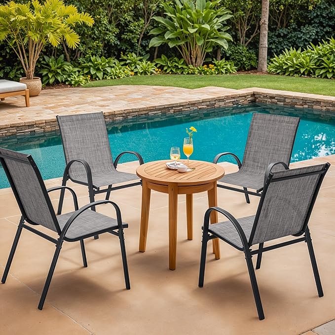 Devoko 4-Pack Stackable Patio Chairs Heavy-Duty Rust-Resistant Outdoor Dining Chairs with Ultra-Comfort Textilene Fabric for Deck, Porch, Garden & Balcony (Grey)