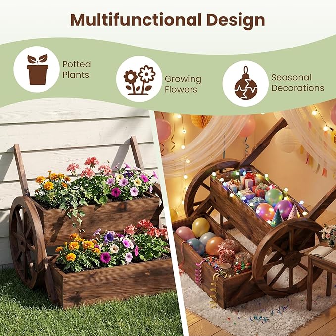 Giantex Wooden Wagon Planter Box, Rustic Garden Planter with Wheels, Handles & Drainage Holes for Flowers Herbs Vegetables, Indoor Outdoor Decorative Flower Cart for Patio Balcony (1)