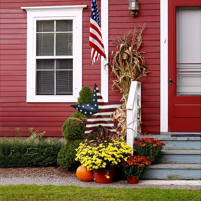 Metal USA Letter Yard Sign with Stake, Patriotic Barn Star Garden Stake Hanging Wall Decor, Outdoor Garden Lawn American Decor for 4th of July Independence Day Memorial Day