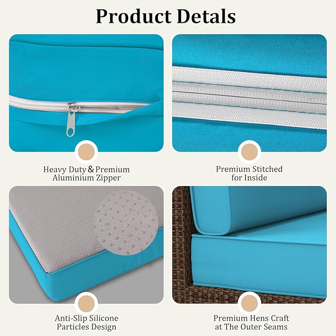 14 Pcs Outdoor Replacement Cushions for Patio Furniture, All Weather Water Resistant Cushion for 6 Seat Rattan Wicker Sectional Patio Conversation Sets and Couch (Lake Blue)