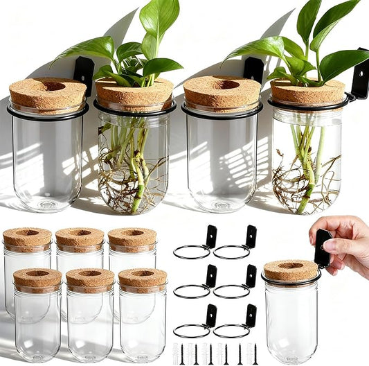 Baderke 6 Set Wall Plant Holder with Plastic Propagation Vases Hanging Planter Wall Mounted Set for Plants Growing in Water Hydroponic Artificial Plants Indoor Decor (2.48" X 4.72",Test Tube)
