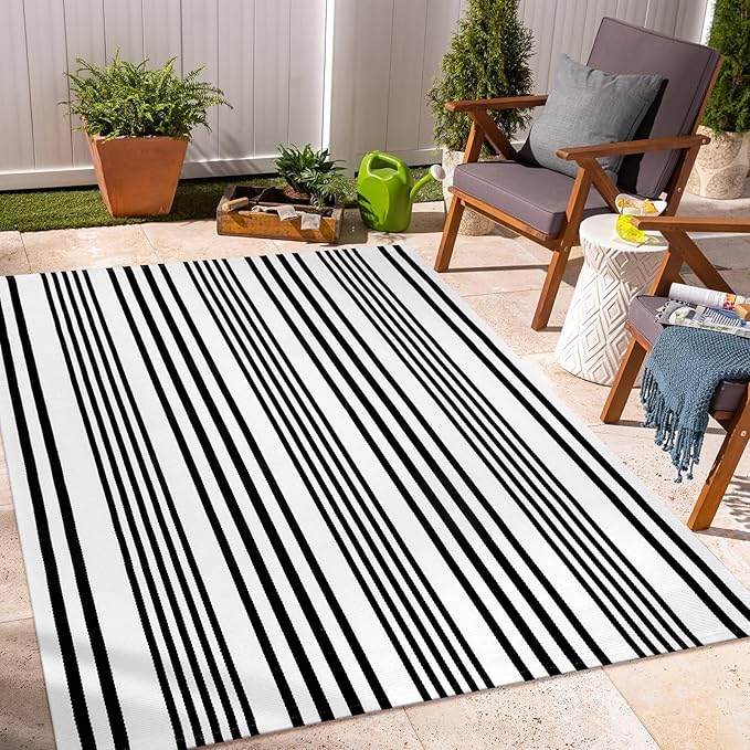 OJIA Outdoor Area Rug 4'x6', Black and White Outdoor Rug Machine Washable Patio Rugs Cotton Hand Woven Door Mats Indoor Outdoor Striped Rugs for Front Porch/Deck/Backyard/Balcony/Home Decor