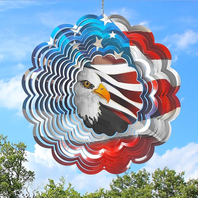 3D Eagle Wind Spinner - American Flag Eagle Design, 12In Holographic Hanging Wind Sculptures, Outdoor Yard Garden Decor for 4th of July, Memorial Day, for Men Women Dad Mom