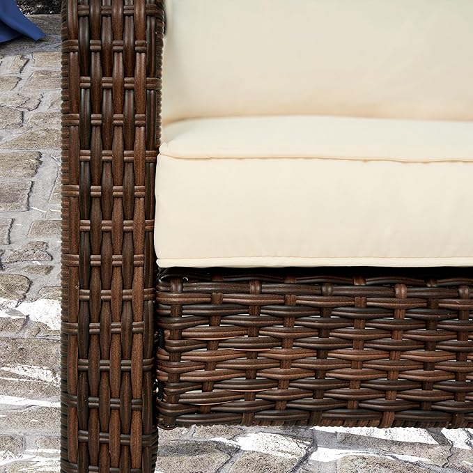 Outsunny Patio Wicker Adirondack Chair, Outdoor All-Weather Rattan Fire Pit Chair with Soft Cushions, Tall Curved Backrest and Comfortable Armrests for Deck or Garden, Mixed Brown/Cream White