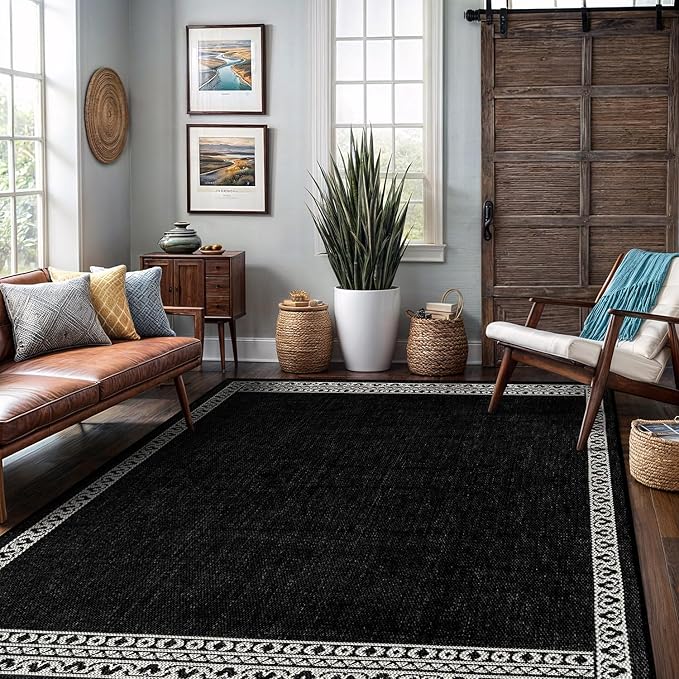 Washable Outdoor Rug 8x10 Modern Area Rugs Outdoor Carpets Bordered Pattern Non Shedding Waterproof Easy Clean Patio Deck Porch Living Room Bedroom Garden RV (8 X 10 Black)