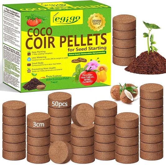 Legigo 50 Pcs 30mm Coco Coir Pellets Seed Starter Soil Mix- Organic Coconut Coir Potting Soil Pods for Seedling, Coco Peat Soil Discs for Indoor & Outdoor Plants Bonsai Herbs Vegetables and Flowers