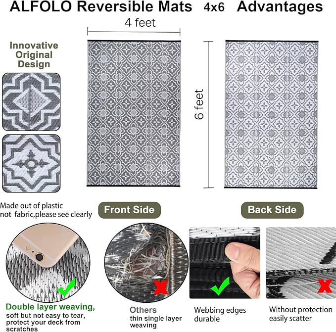 Outdoor Rug for Patios Clearance 4X6 Waterproof Reversible Plastic Straw Rug RV Camping Mat Outside Area Rug Carpet for Camping RV,Porch,Deck,Balcony,Camper,Backyard