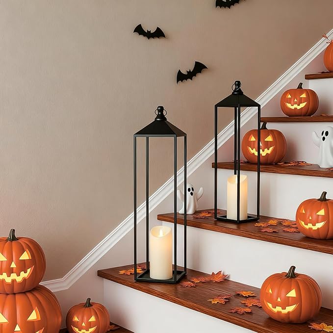 22'' 19'' Large Lanterns Decorative Outdoor Indoor, Set of 2 Black Metal Candle Lanterns Modern Farmhouse Floor Lanterns Decorative for Home Decor, Mantle, Fireplace, Patio, Porch, Garden