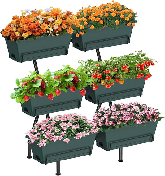 Sunexinlo 3-Tier Vertical Garden Planter with 6 Boxes, 31" Tall Raised Garden Bed with Adjustable Feet for Herbs, Flowers, Vegetables, Ideal for Indoor, Outdoor, Patio, Balcony, Deck Use, Green
