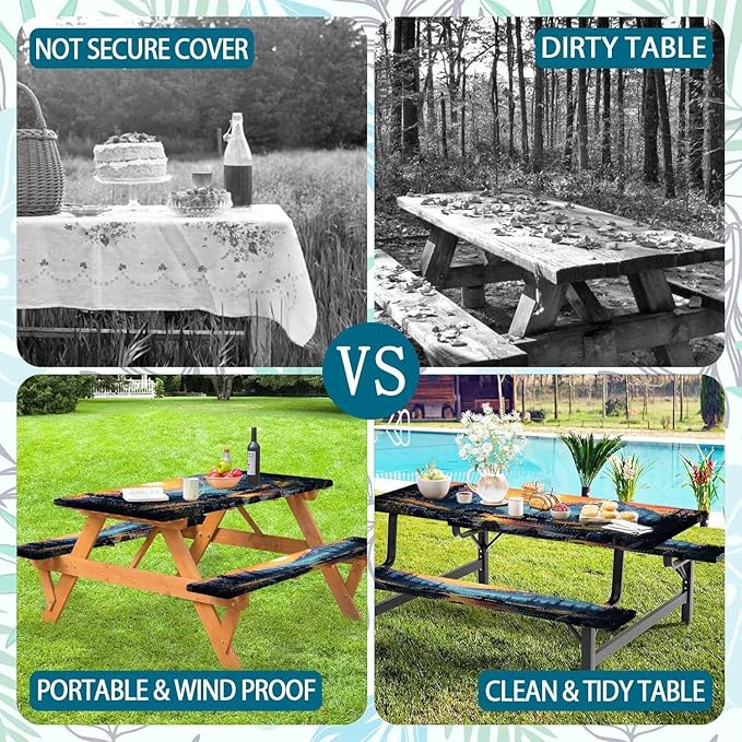 3PCS Picnic Table Cover with Bench Cover Bear Forest Sunset Pattern Camping Tablecloth Fitted Picnic Table Cover with Elastic Windproof Waterproof, Outdoor & Garden Camping Accessories 60IN