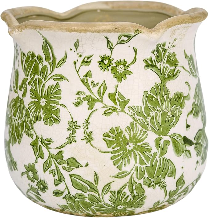Rustic Ceramic Planter, 6 Inch Tuscan Vintage Flower Pot with Drainage, Farmhouse Garden Pot for Indoor Plants, Kitchen & Garden Tuscan Decor, Plant Lover Gift (Green)