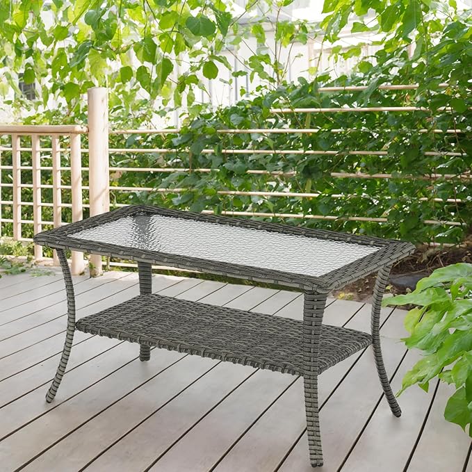 Patio Coffee Table Wicker Table Outdoor PE Rattan Glass Top Table with Storage Shelf Rectangle Patio Outdoor Coffee Table for Patio Garden Balcony Porch Deck Poolside, Grey