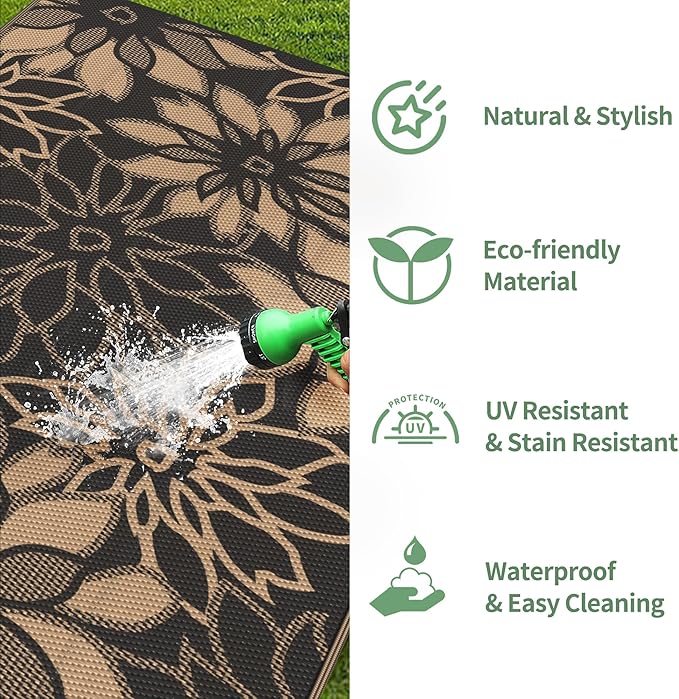 GENIMO Outdoor Rug Waterproof for Patio Decor, 6' x 9' Reversible Plastic Straw Floral Camping Carpet, Large Area Rugs Mats for RV, Camper, Deck, Balcony, Porch, Beach, Picnic, Black & Brown