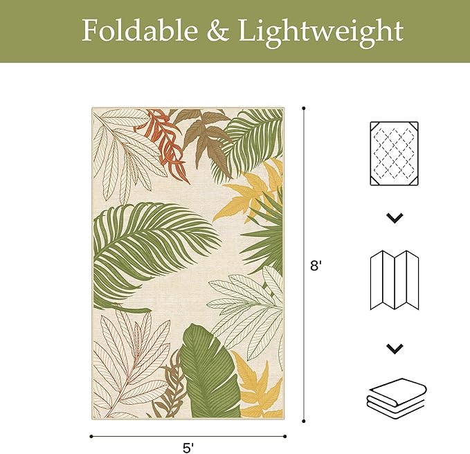 GENIMO Outdoor & Indoor Area Rug 5'x8', Waterproof, Non-Shedding, Easy Cleaning, Leaf Mat for Patio, Living Room, Balcony, Dining Room, RV, Deck, Bedroom, Camping, Outside Carpet, Olive Mustard