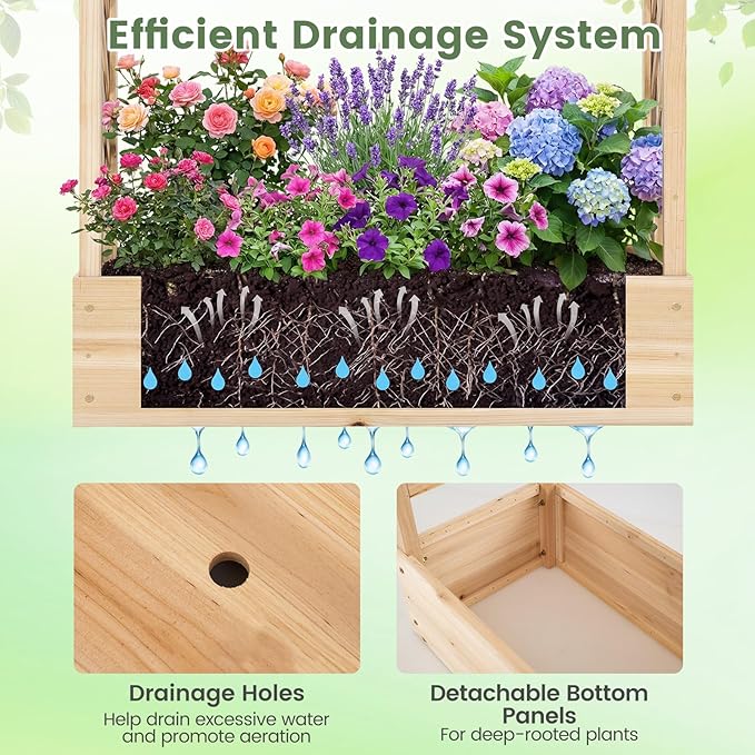 Raised Garden Bed with Trellis, Wood Planter Box w/Trellis, Hanging Roof, Drainage Holes, Freestanding Planter Raised Bed for Outdoor Climbing Plants Flowers, Patio Yard Balcony (1, Natural)