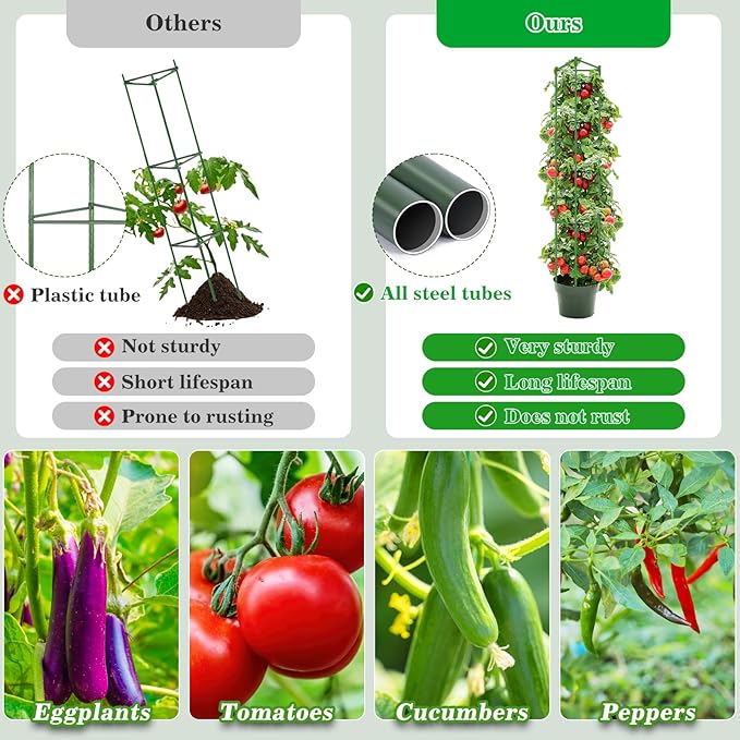 Tomato Cages for Garden 4 Packs - Heavy Duty Steel Tomatoes Cage Tall Up to 51in & 164Ft Twist Tie, Tomato Plant Stakes Support Cages Trellis for Pots Plants Garden