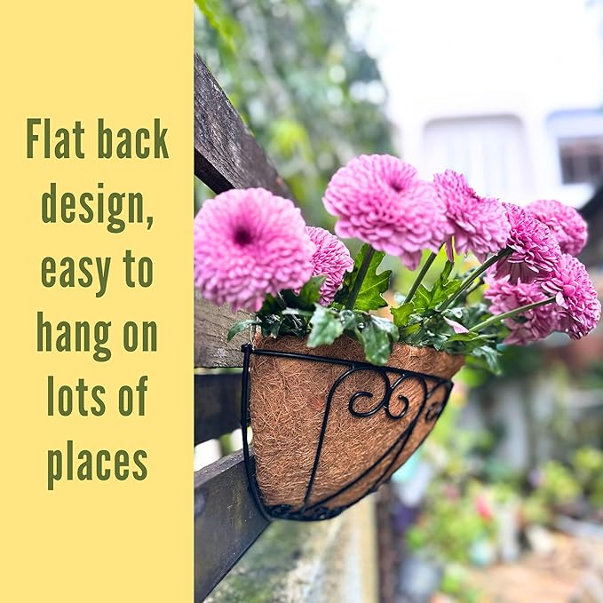 LaLaGreen Outdoor Wall Planters (2 Pack, 12 Inch) Black Metal Wall Mounted Hanging Basket with Coco Liner, Flower Pot Plant Holder Semi-Circle Planter for Fence Railing Deck Porch Balcony Garden Decor