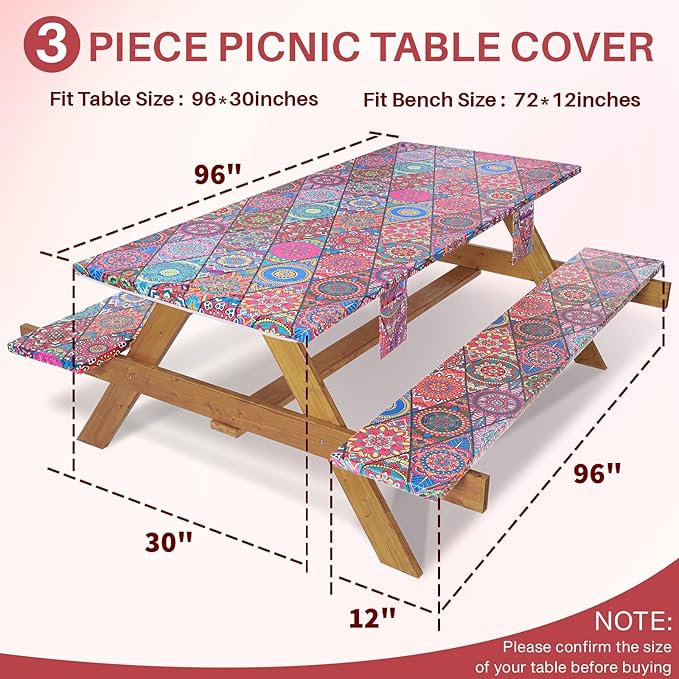 Fitted 8Foot Boho Picnic Table Cover with Chair Covers Camping Table Cloths Hiking Glamping Supplies Travel Trailers Cooking Essential Party Festival Decor Gifts for Teens Who Want Nothing