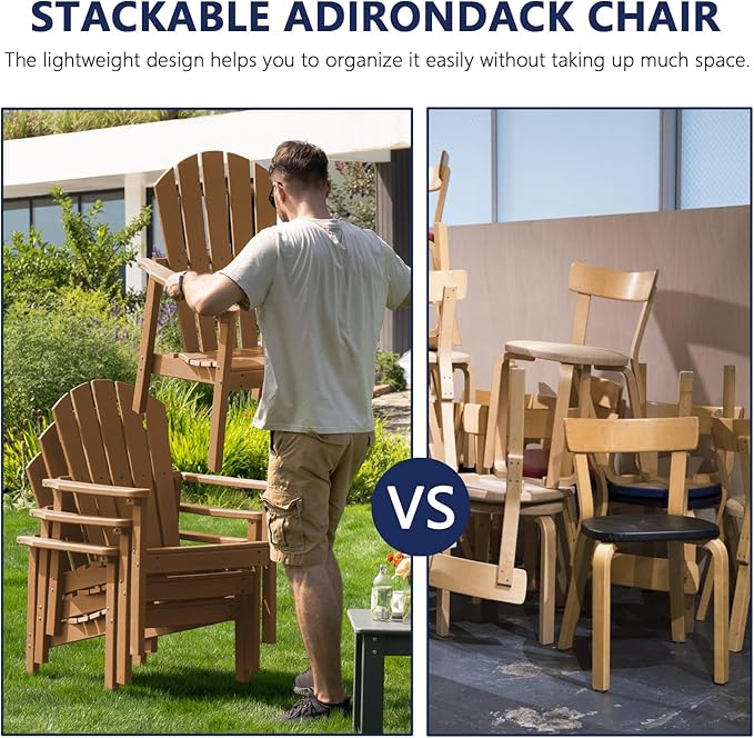 nevilywood Compact Stackable Adirondack Chairs, 26.3" Wide HDPE Outdoor Patio Chairs - Durable, Space-Saving Design for Porch, Lawn or Garden, Teak