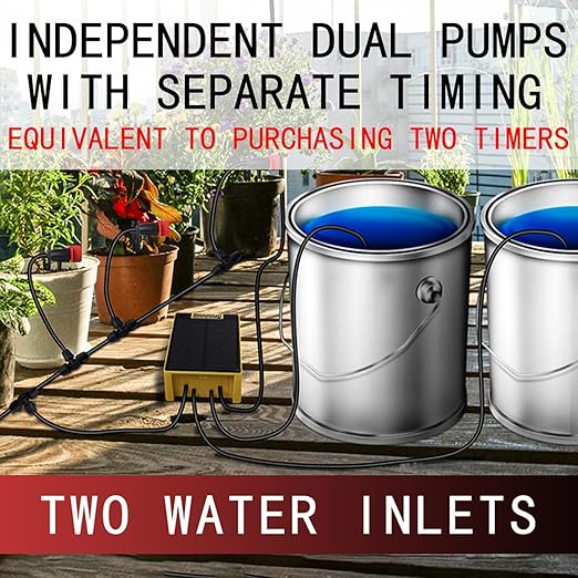 Solar Powered Dual Pump Drip Irrigation Kit,Child Lock 2 Group Automatic Watering System with Rain Sensing Digital Display Screen for Garden Patio Balcony Vacation (for 20 Pot Plants)