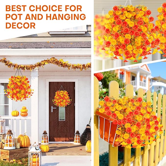 2PCS Artificial Hanging Flowers Outdoors Fake mums Plants Garden Home Decoration Fall Decor Morning Glory for Outside Planter Front Porch Patio Indoor Home Wedding Garden Porch Window Decoration