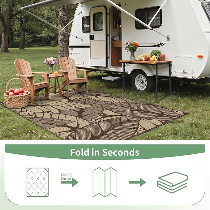 GENIMO Outdoor Rug 6' x 9' Waterproof for Patio Clearance, Reversible Plastic Straw Camping Carpet, Lightweight Mat for Rv, Camper, Deck, Porch, Picnic, Balcony, Beach, F.Coffee & Beige
