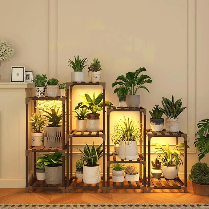Bamworld Plant Stands with Grow Light Indoor 4 Sets Plant Shelves Outdoor Wooden Plant Holder for Multiple Plants Flower Stands Window Warm Light