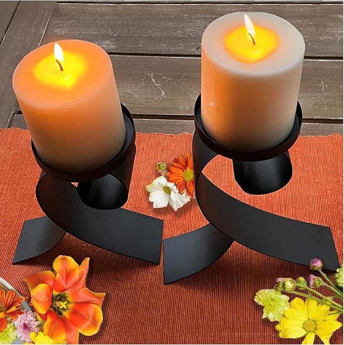 Lily’s Home Contemporary Scrollwork Pillar Candle Holders, Steel, Black Iron Candle Stands, Set of Two. Candles NOT Included