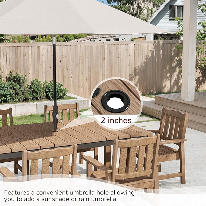 Stoog 7-Piece All-Weather Patio Dining Set, HIPS & Aluminum Outdoor Table with Umbrella Hole, 6 Waterproof Chairs, Fade & Rust Resistant, for Backyard, Garden, Deck, Teak