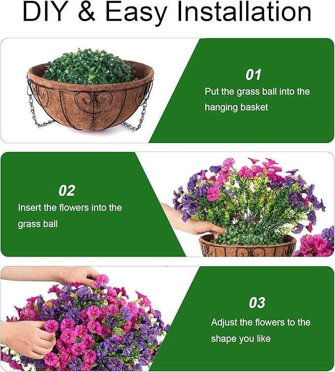 Ivydale 2 Set Artificial Flowers Hanging Baskets for Outdoors Fake Spring Plants, 24 Pcs UV Resistant Faux Silk Morning Glory with 2 Hanging Planters Look Real for Outside Porch Patio Outdoor Decor